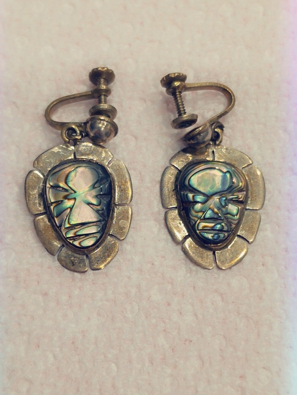 Estate Carved Abalone Sterling Silver Gemstone Earrings Vintage